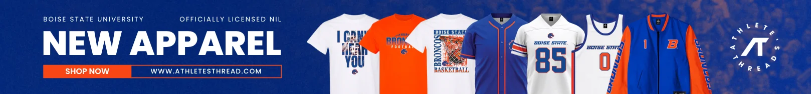 Banner promoting officially licensed NIL Boise State apparel with jerseys and tees.